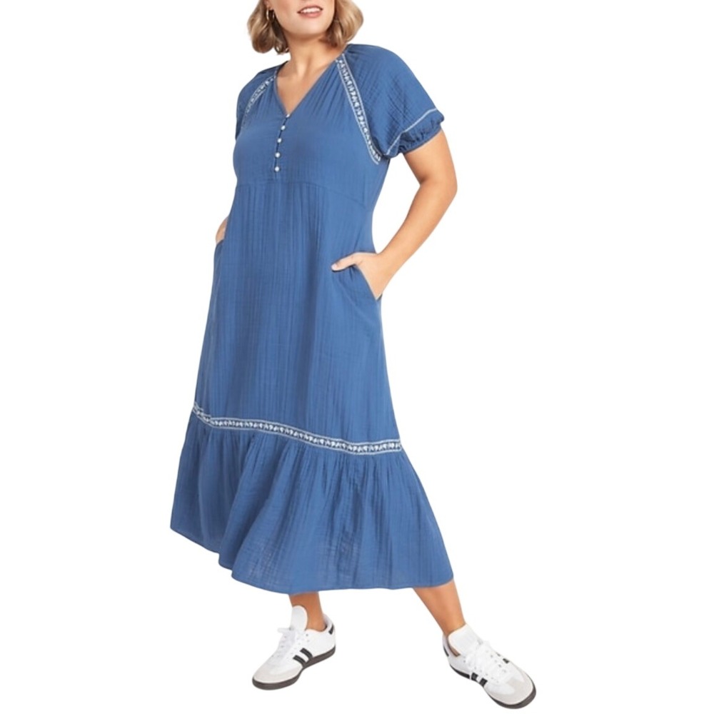 Old Navy Blue 100% Cotton Gauze Embroidered Tiered Cottagecore Midi Dress NWT 3X